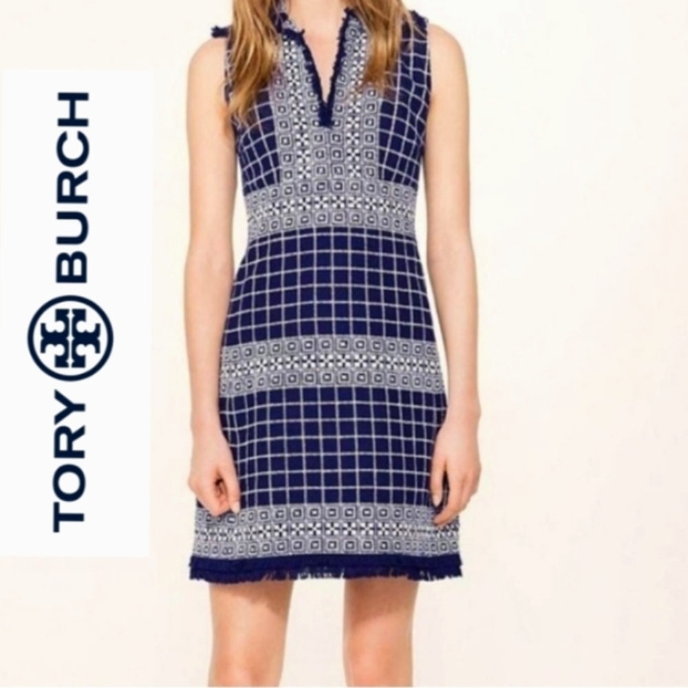 TORY BURCH Fringe Sleeveless V-Neck Tweed Dress NWT